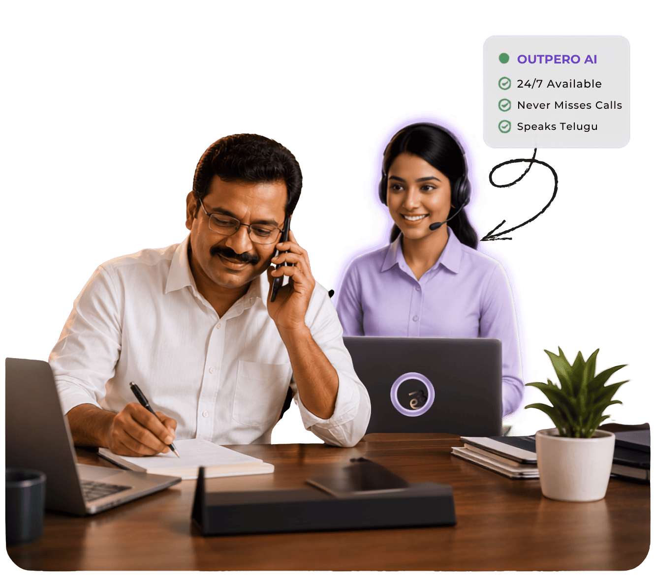 An Indian business owner on a call with his Outpero AI employee — never misses a call, speaks Hindi, Telugu, English and regional languages