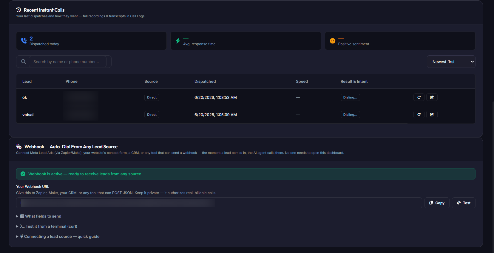 Outpero instant lead calling view showing time-to-call per lead and the captured fields from each conversation